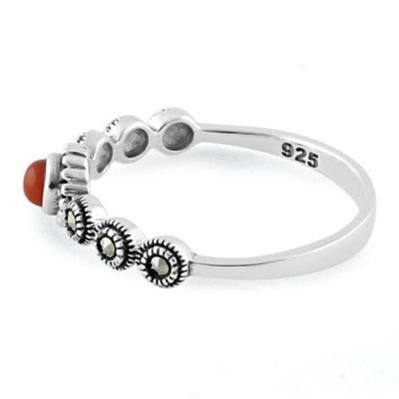 New Sterling Silver Small Round Red Marcasite Ring - Picture 4 of 4